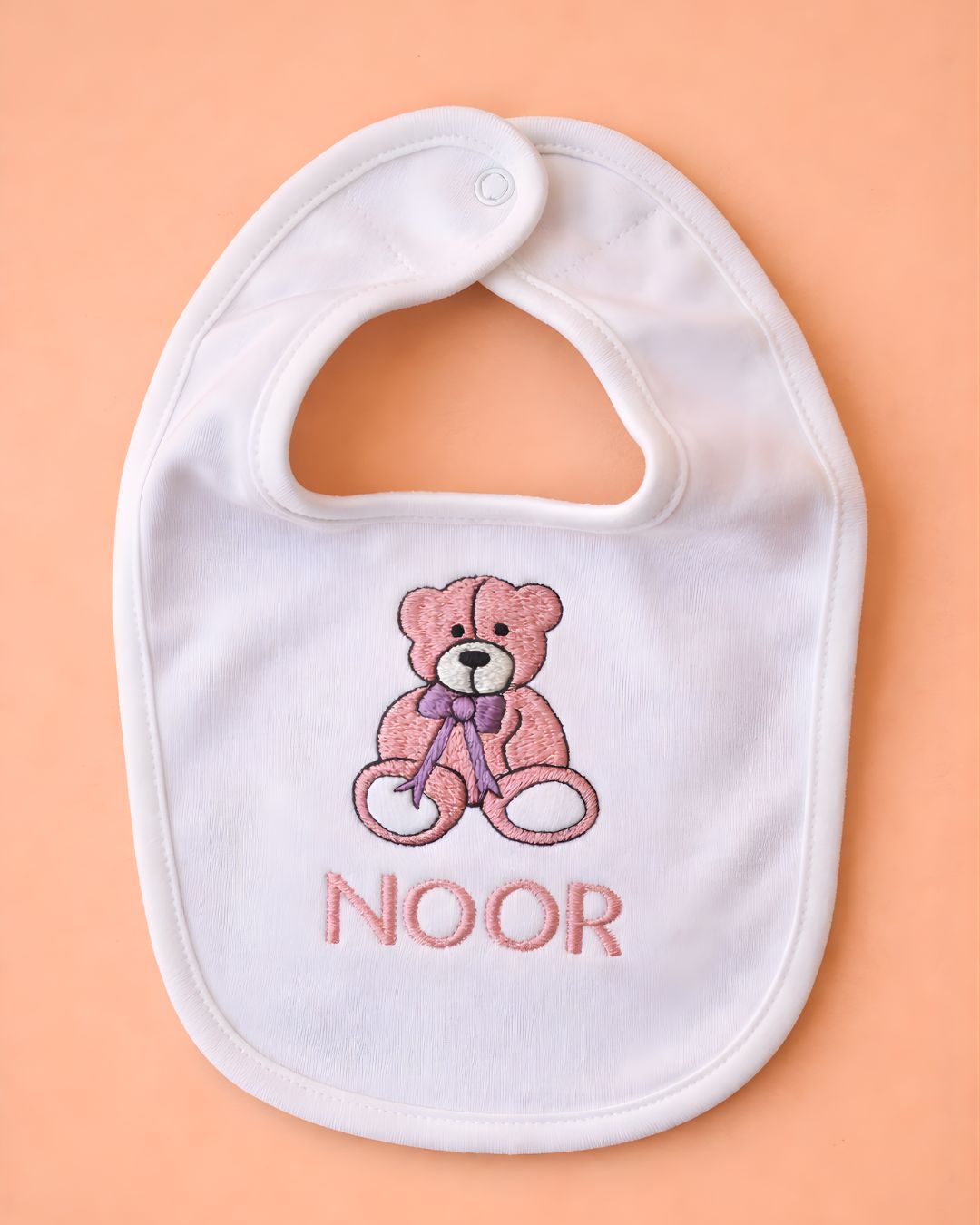 Bear Bib, white blended fabric baby bib with name embroidery