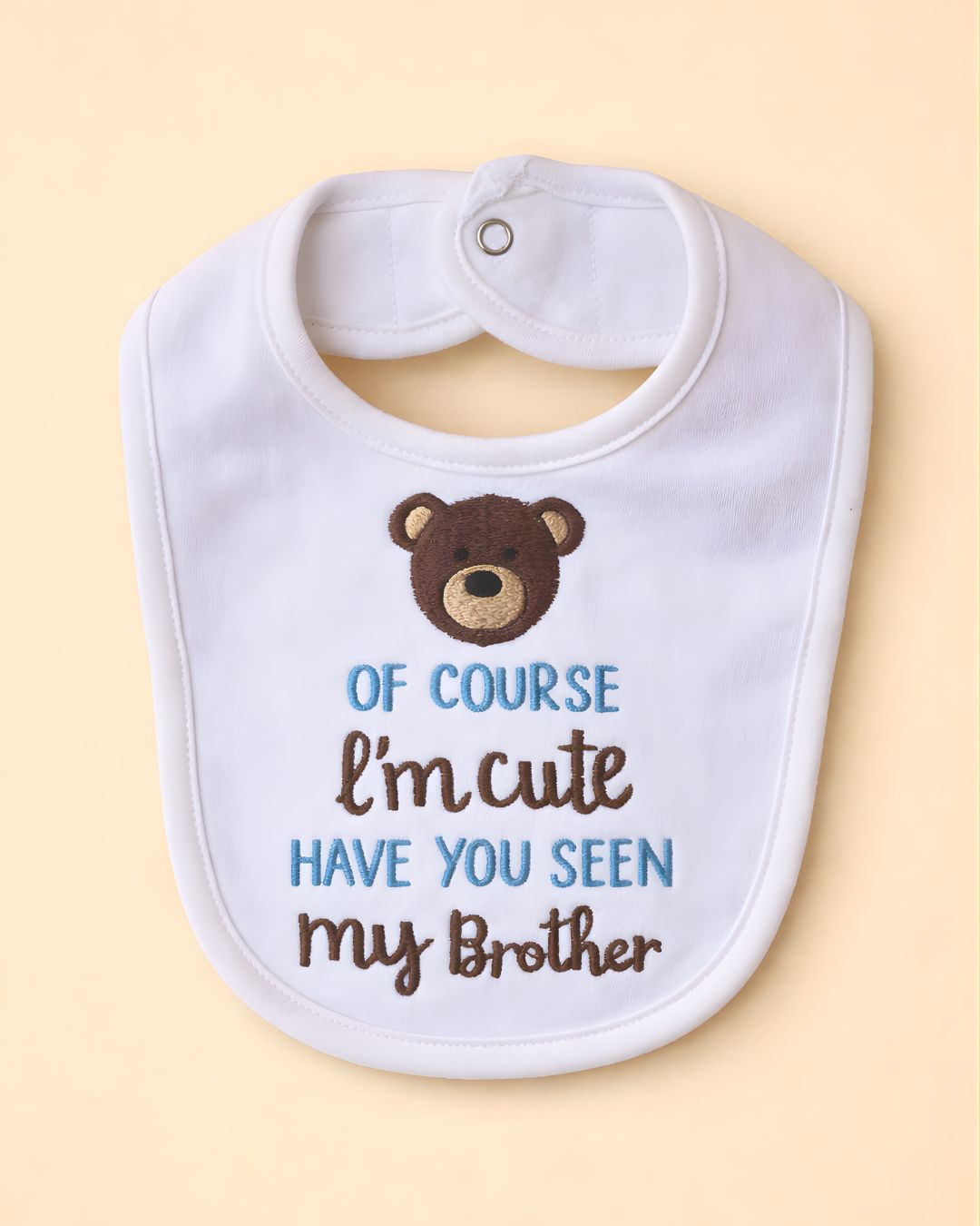 Cute Brother Bib, white blended fabric baby bib with name embroidery