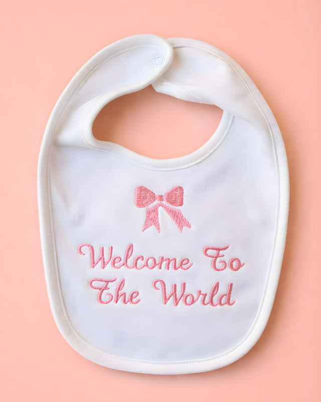 Welcome Bib, white blended fabric baby bib