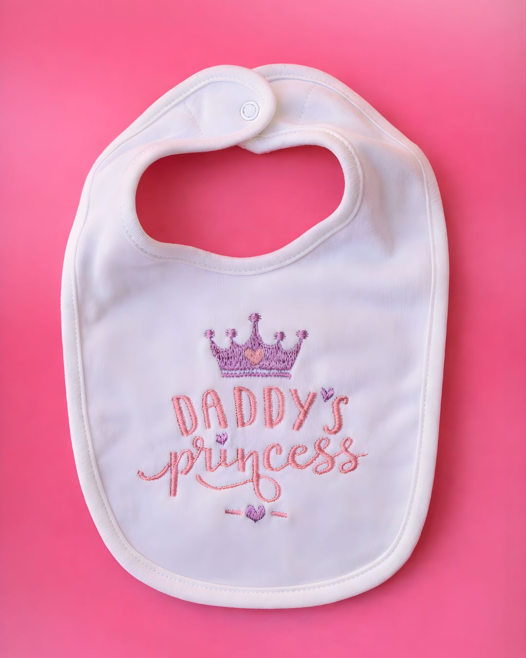 Daddy’s Princess Bib, white blended fabric baby bib with name embroidery