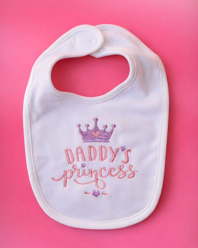 Daddy’s Princess Bib, white blended fabric baby bib with name embroidery