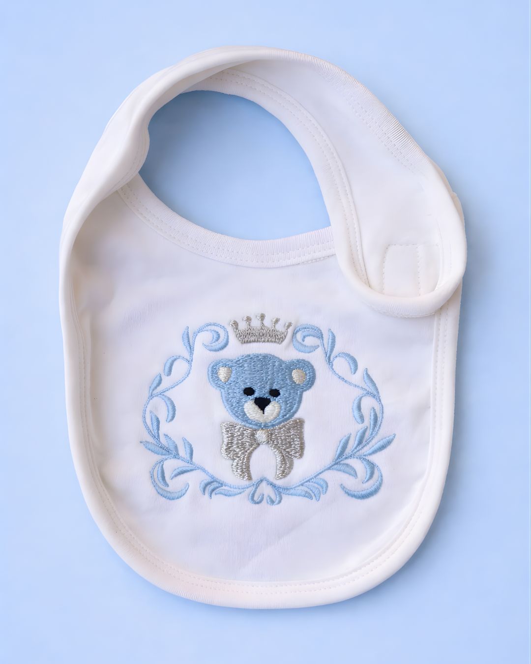 King Bear Bib, white blended fabric baby bib
