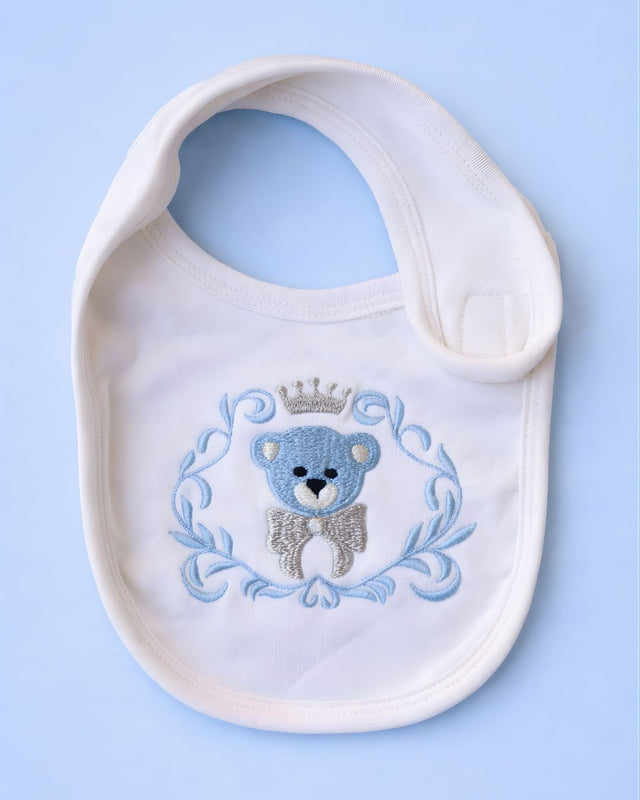 King Bear Bib, white blended fabric baby bib