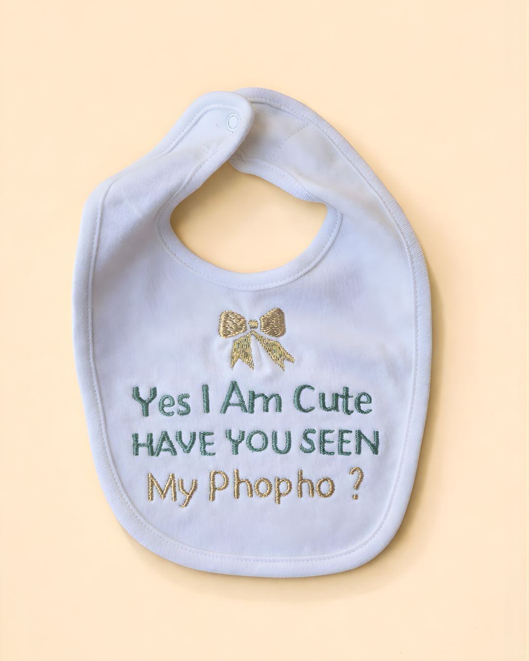 Cute Phopho Bib, white blended fabric baby bib with name embroidery