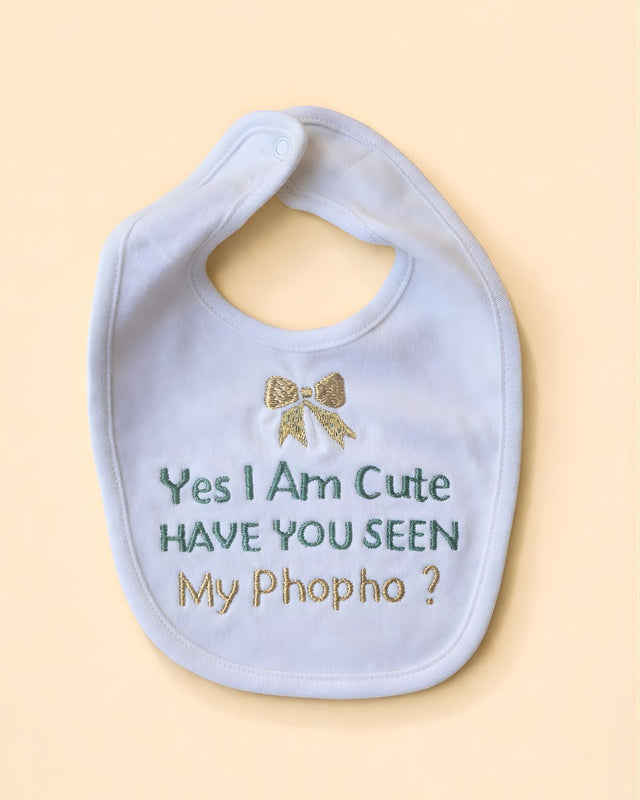 Cute Phopho Bib, white blended fabric baby bib with name embroidery