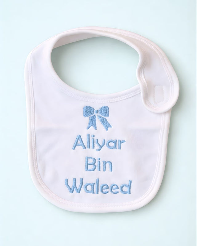 Bow Name Bib, white blended fabric baby bib with name embroidery