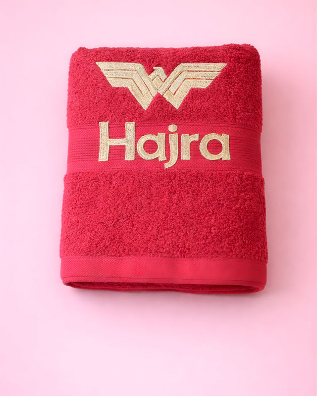 Wonder Girl, cotton kids towel with name embroidery