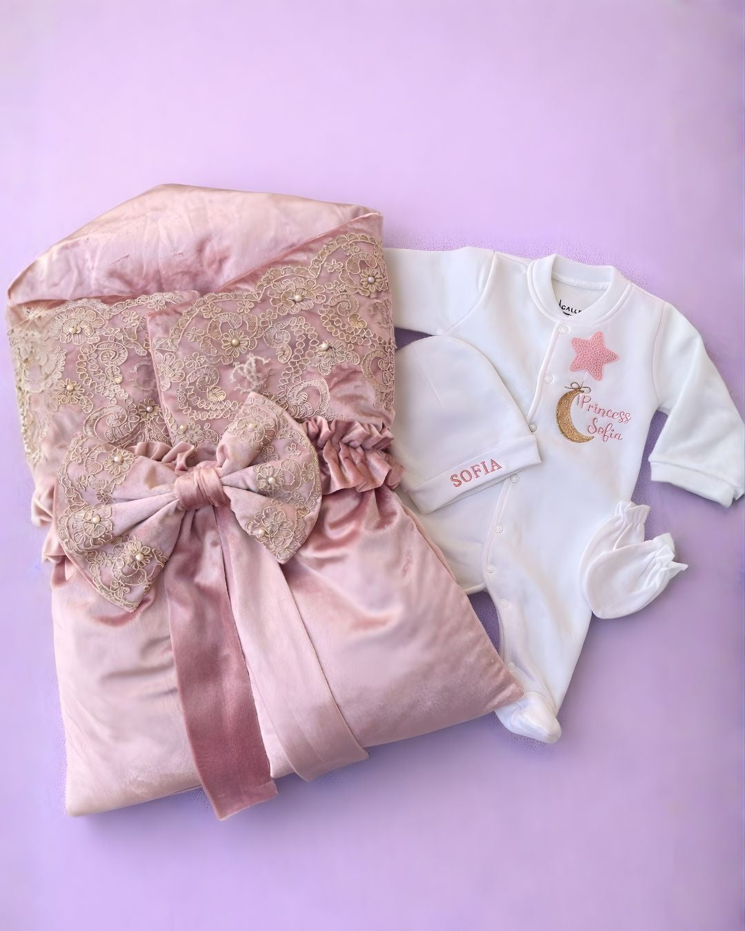 Pink Velvet Bow Star Set, 4 piece newborn set with name embroidery