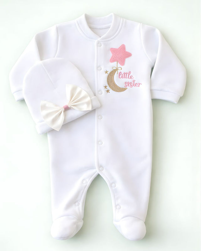 Little Sister, blended fabric 2 piece newborn set with name embroidery
