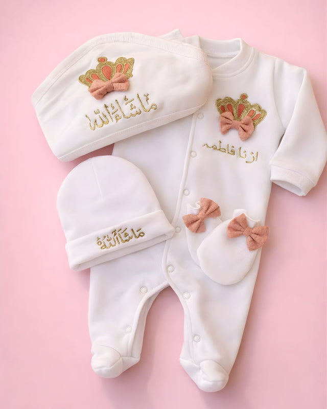 4 Piece Bow Summer Set, blended fabric 4 piece newborn set with name embroidery