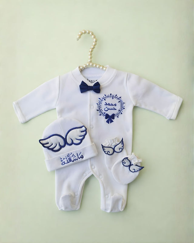 Angel Mittens Set, white blended fabric 3 piece newborn set with name embroidery