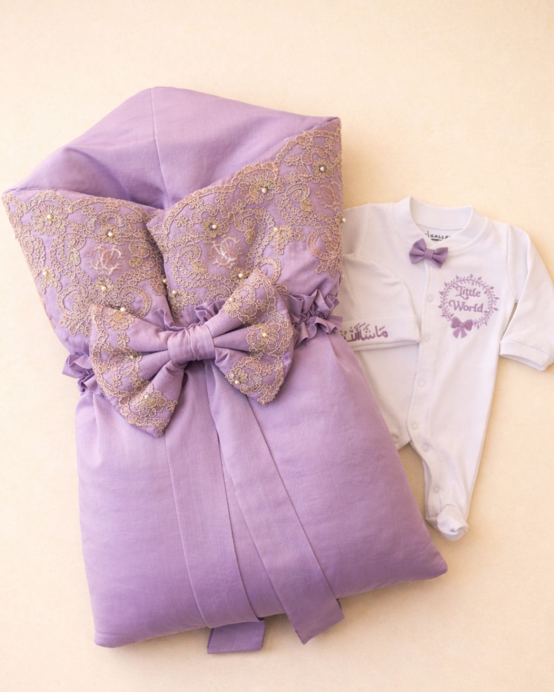 Big Purple Bow, cotton satin 3 piece newborn set with name embroidery