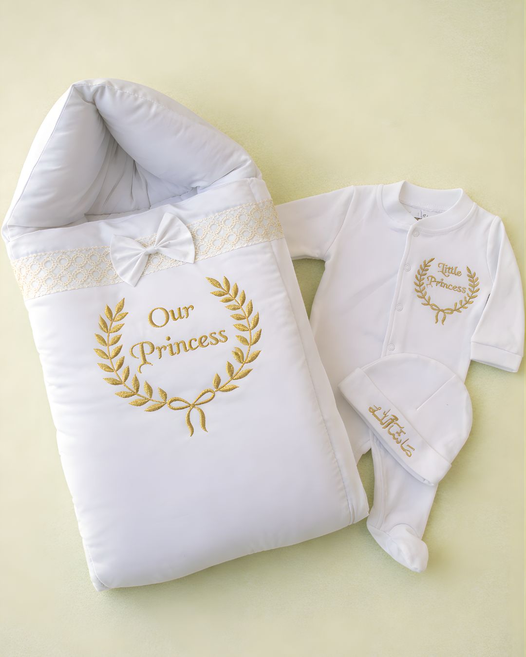 Our Princess, white cotton satin 3 piece newborn set with name embroidery