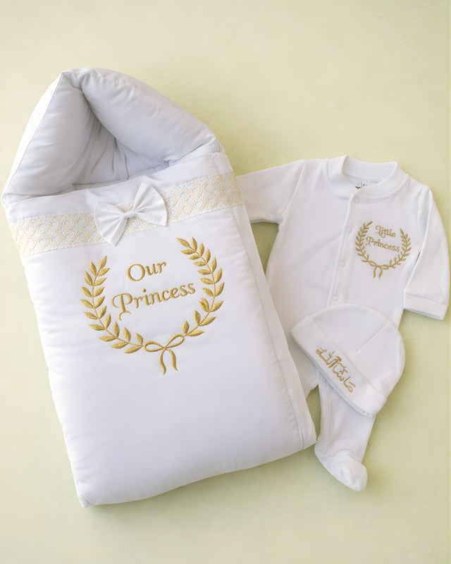 Our Princess, white cotton satin 3 piece newborn set with name embroidery