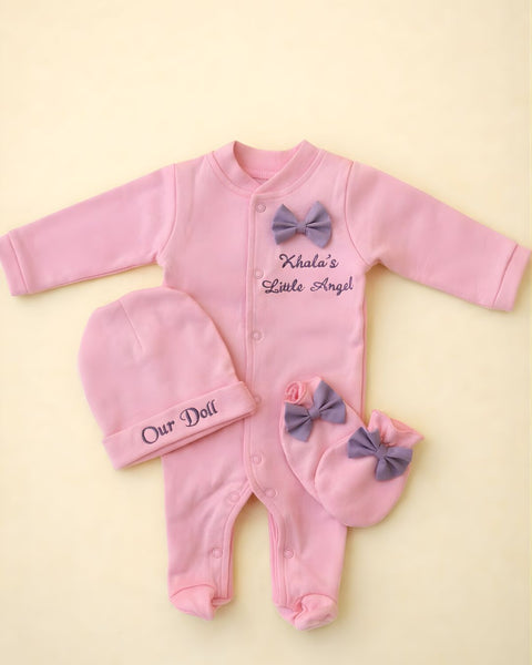 Khala’s Angel, blended fabric 3 piece newborn set with name embroidery