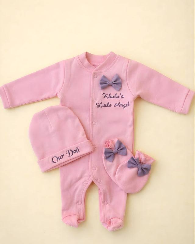 Khala’s Angel, blended fabric 3 piece newborn set with name embroidery