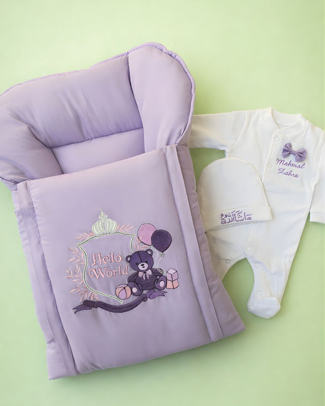Purple World, cotton satin 3 piece newborn set with name embroidery
