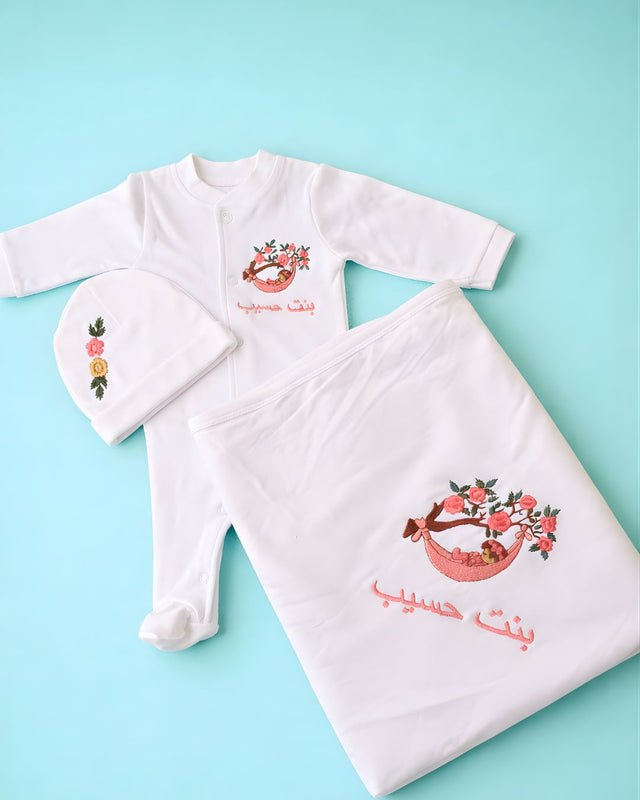 Swaddle Girl, blended fabric 3 piece newborn set with name embroidery