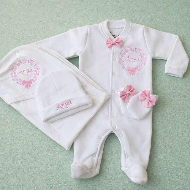 Girl Pink Sheet Set, blended fabric 4 piece newborn set with name embroidery