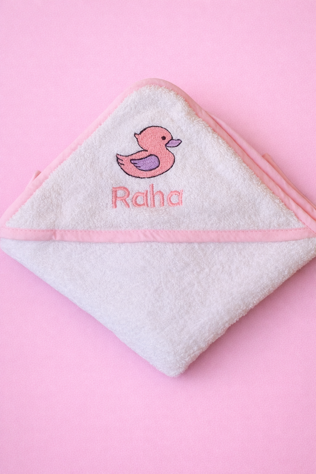 Baby Ducky Towel, white cotton baby towel with name embroidery