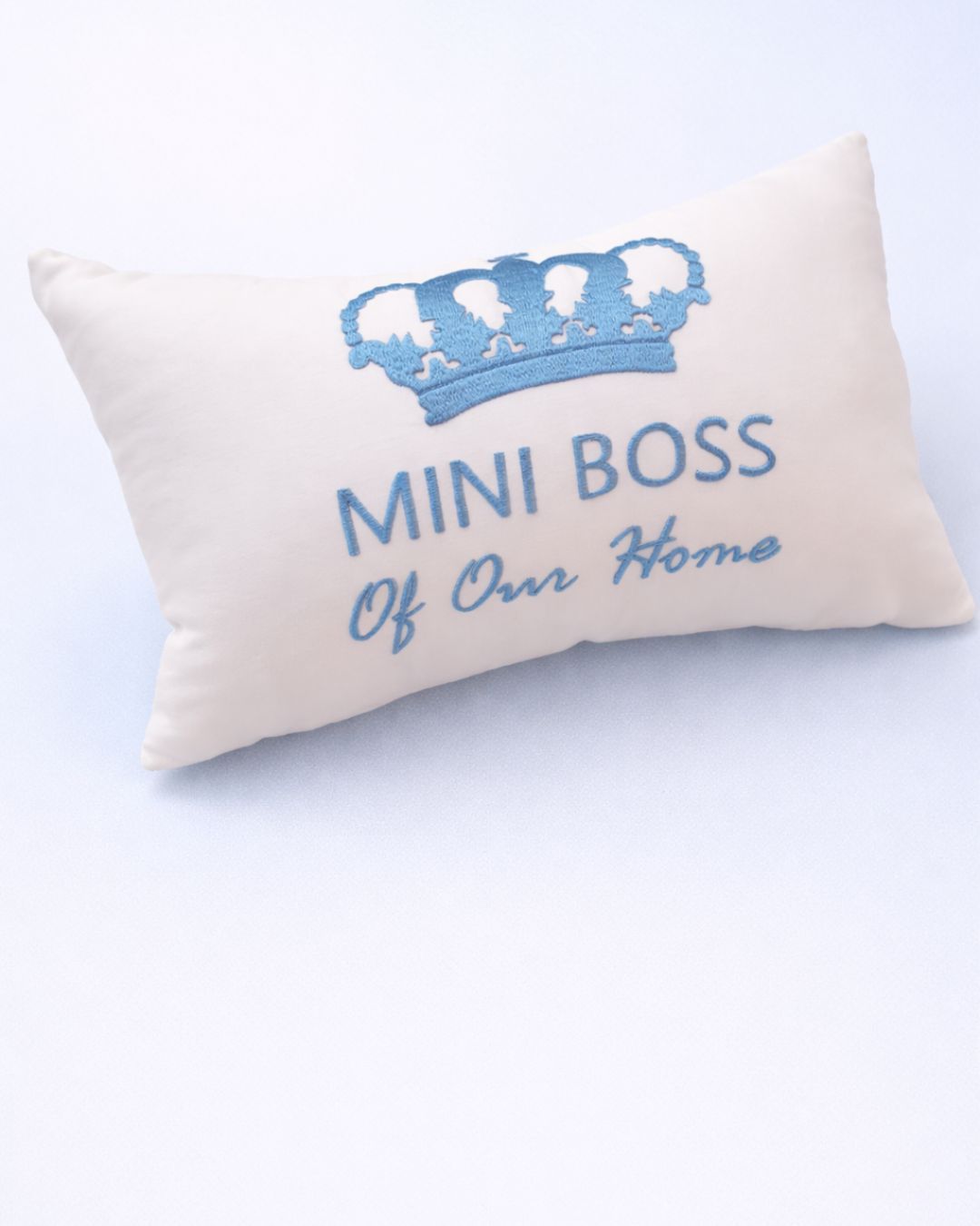 Mini Boss Cushion, white velvet baby cushion with name embroidery