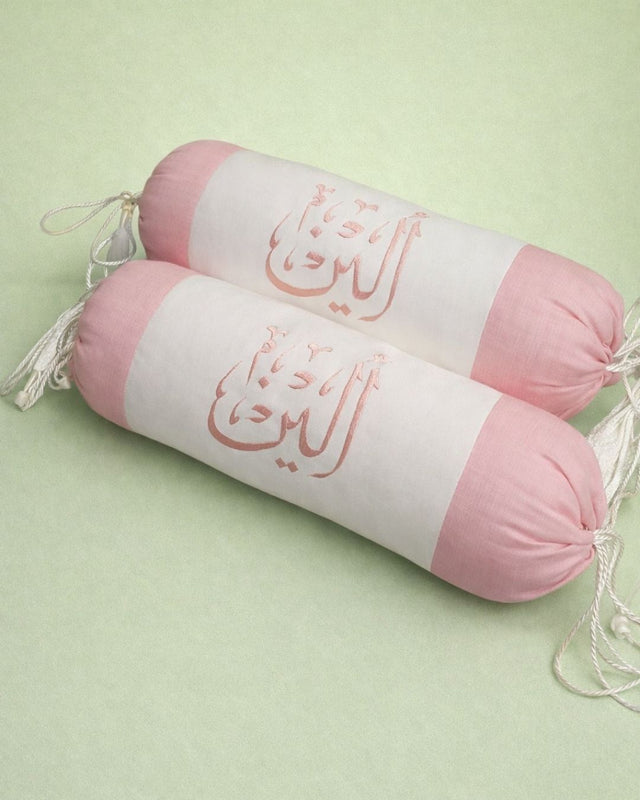 Baby Bolster Pair, pink cotton satin baby cushion with name embroidery