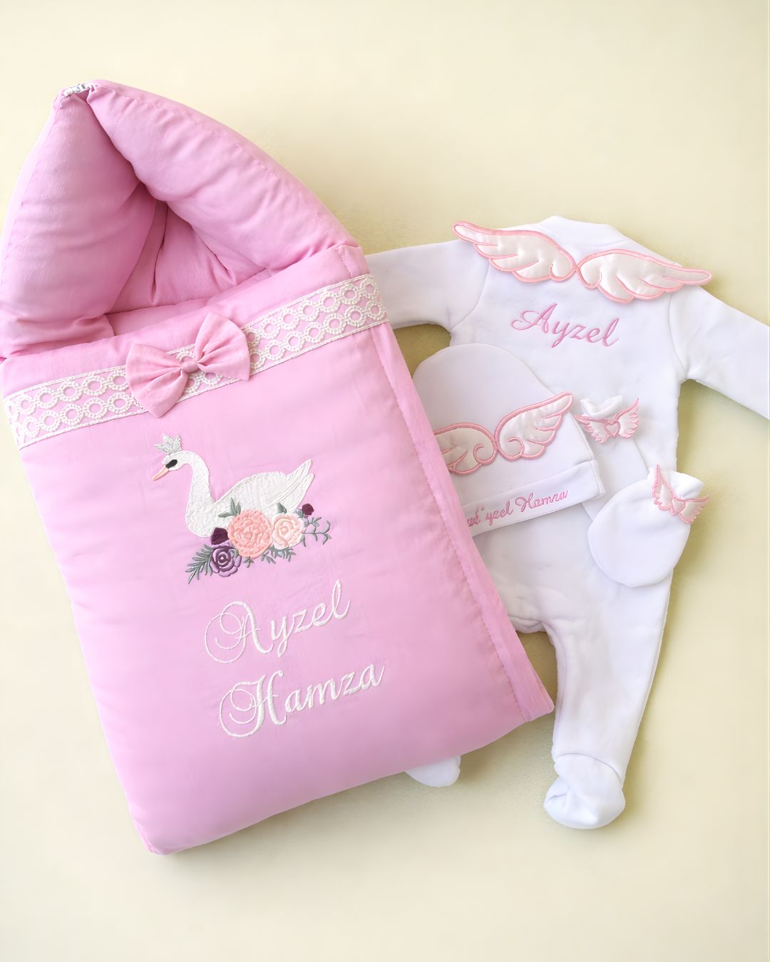 Swan Set, 4 piece newborn set with name embroidery