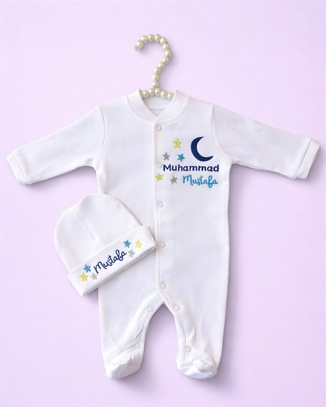 Baby On Moon, blended fabric 2 piece newborn set with name embroidery