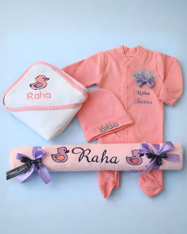 Little Duck Gift Set, blended fabric 4 piece newborn set with name embroidery