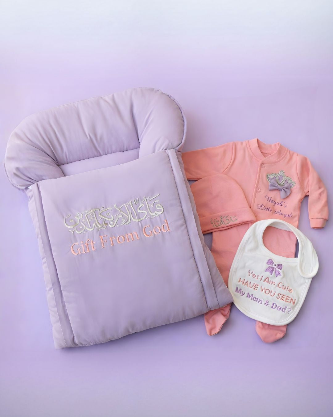 Gift From God Bib Set, cotton satin 4 piece newborn set with name embroidery