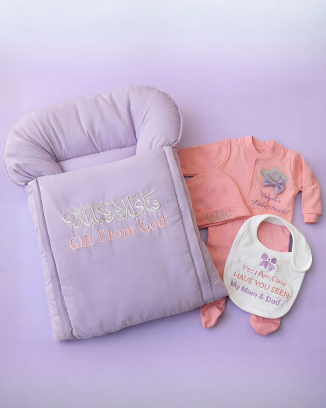 Gift From God Bib Set, cotton satin 4 piece newborn set with name embroidery