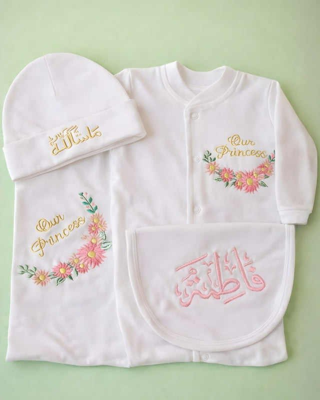 Our Floral Princess, blended fabric 4 piece newborn set with name embroidery