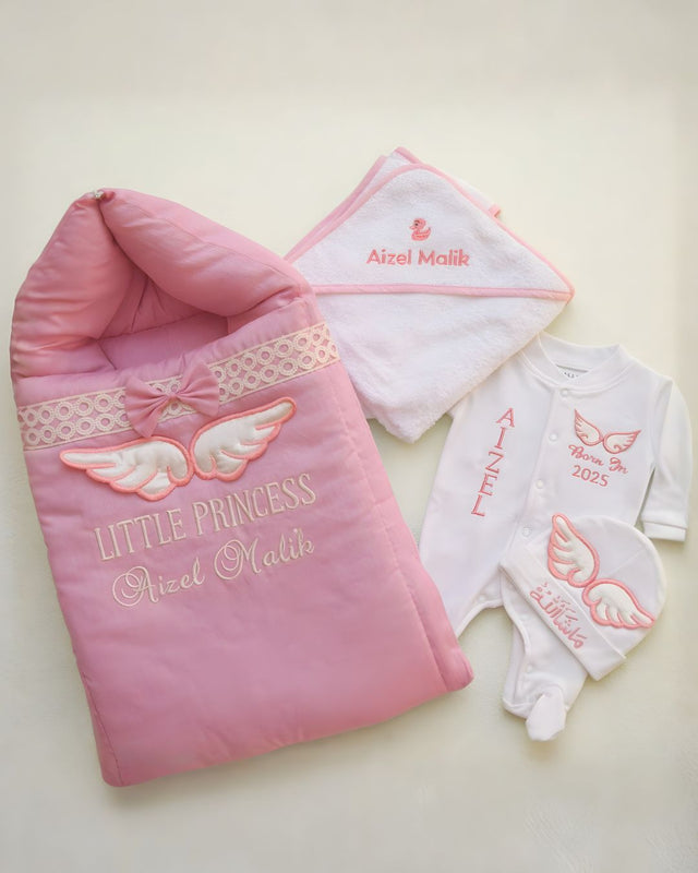 Angel Wing Girl Set, 4 piece newborn set with name embroidery