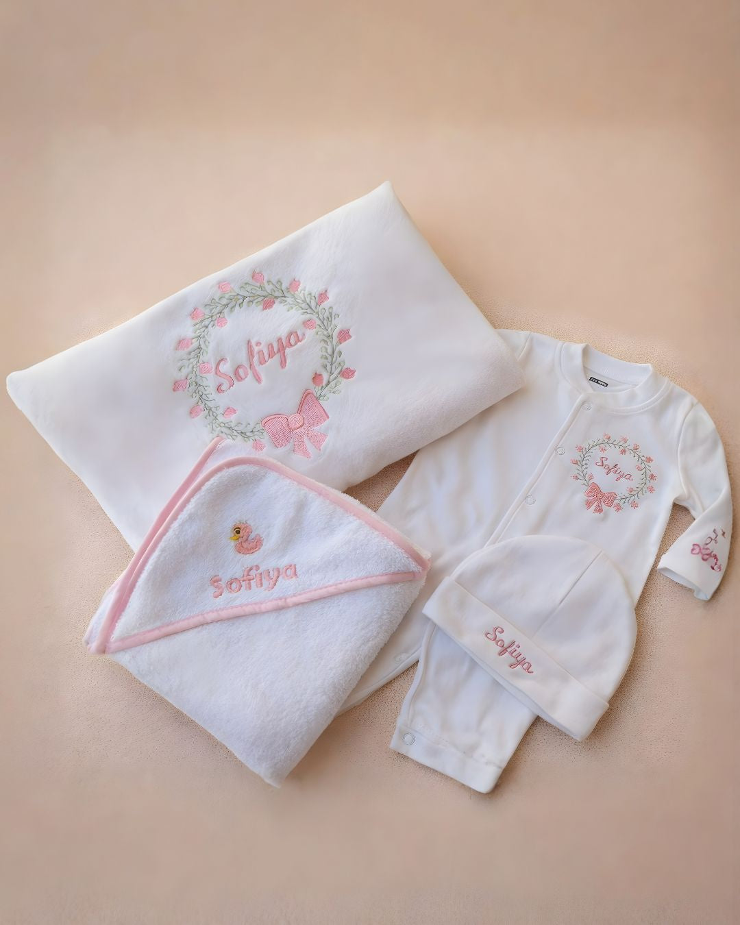 Gift Set, blended fabric 4 piece newborn set with name embroidery