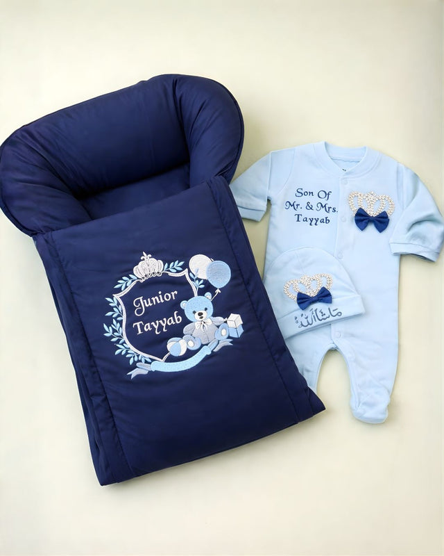 Junior Prince Set, velvet 3 piece newborn set with name embroidery