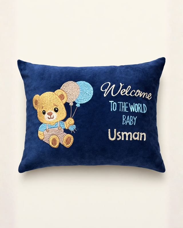 Bear Balloon Cushion, velvet baby cushion with name embroidery