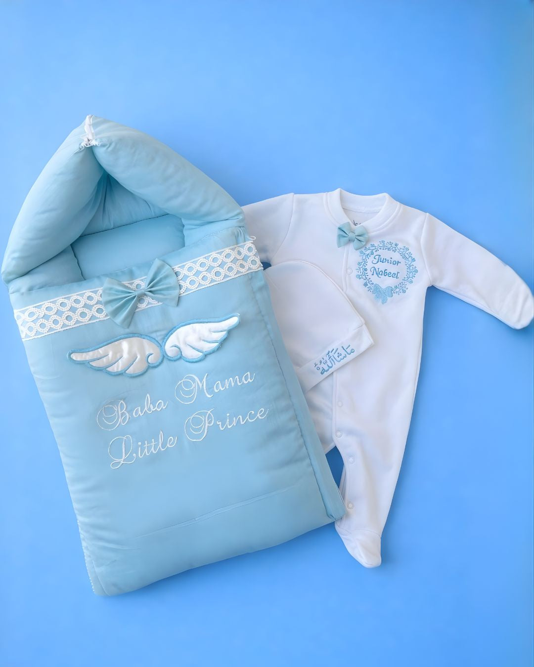 Mama Baba Little Prince, cotton satin 3 piece newborn set with name embroidery
