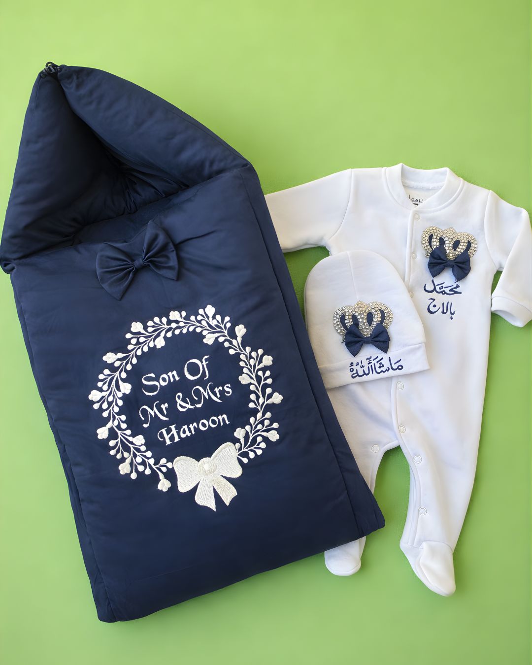 The Royal Son, cotton satin 3 piece newborn set with name embroidery