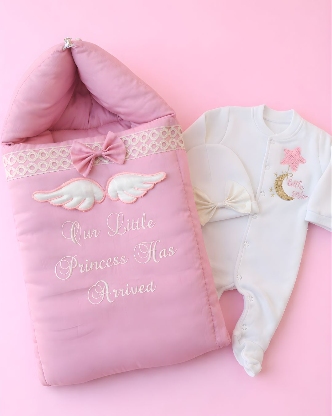 Little Sister Set, cotton satin 3 piece newborn set with name embroidery