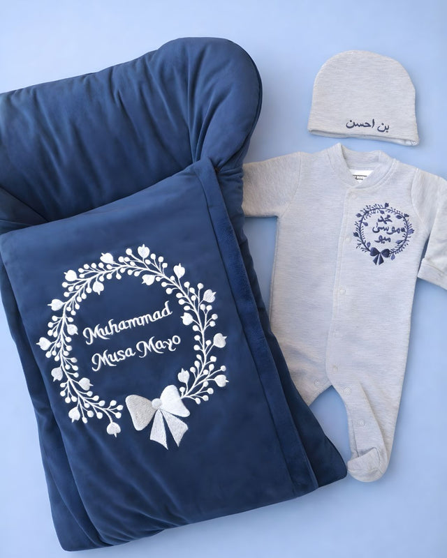 Winter Boy Set, velvet 3 piece newborn set with name embroidery