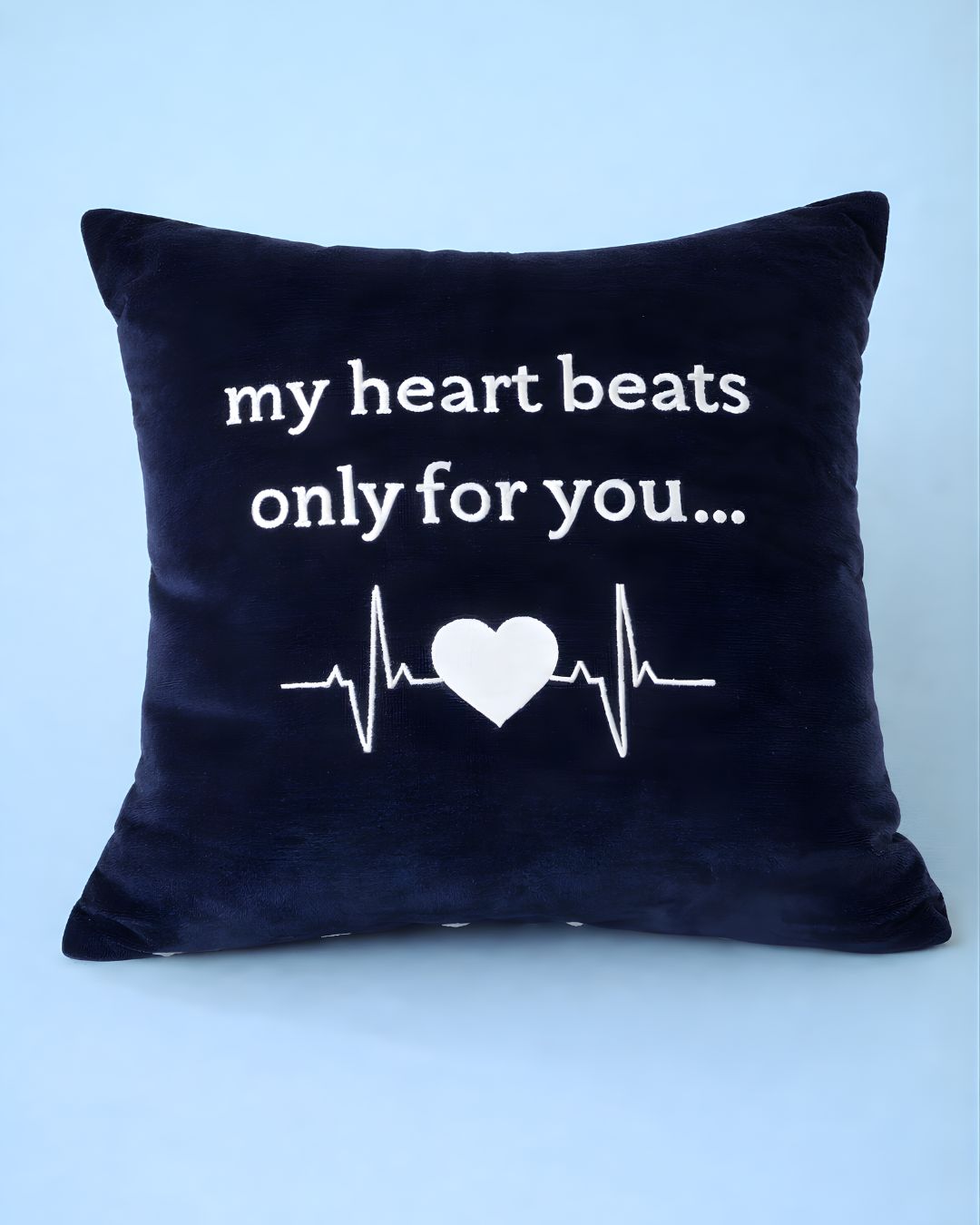 Heart Beat Love Cushion, black velvet couple cushion with heartbeat-themed embroidery and name embroidery