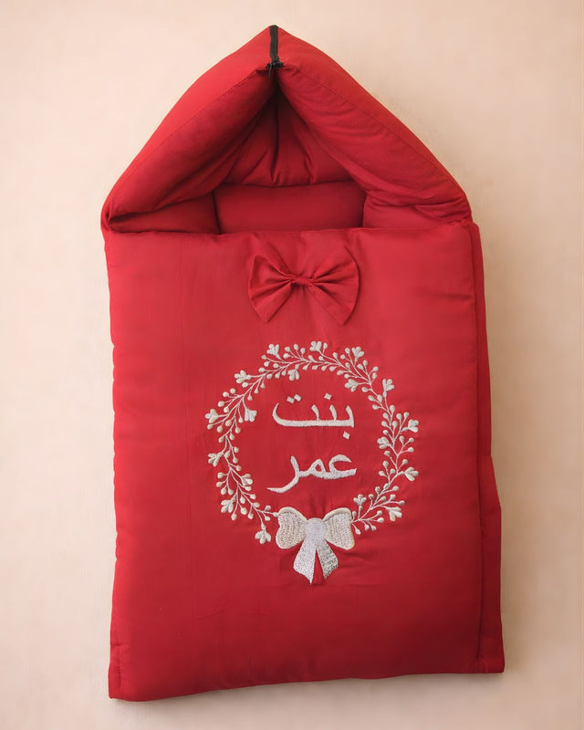 Baby In Red, cotton satin baby carry nest with name embroidery