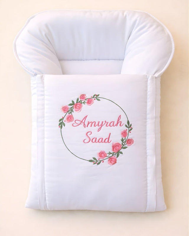Floral Baby Bed, cotton satin baby carry nest with white floral embroidery and name embroidery