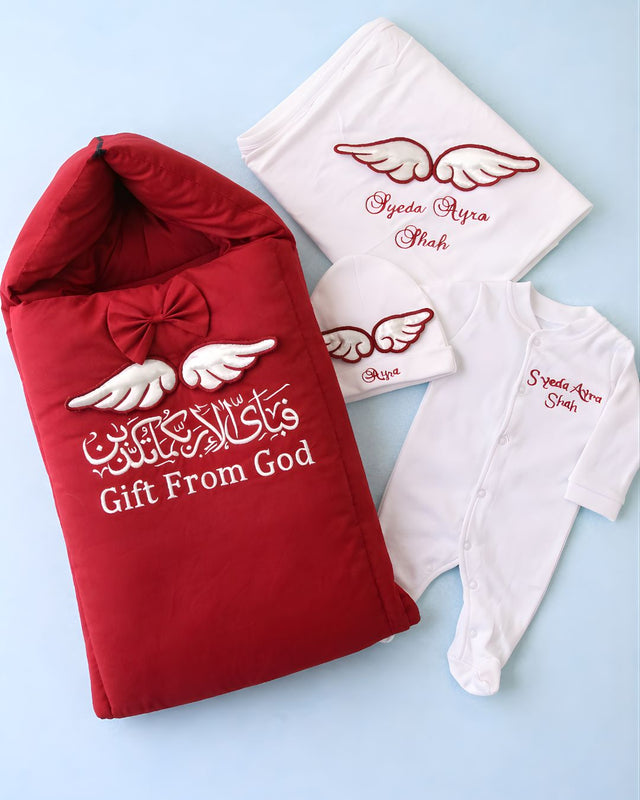 Red Angel 4 Piece Set, 4 piece newborn set with name embroidery