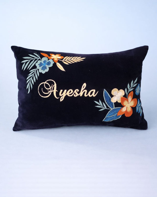 Floral Name Cushion, black velvet name cushion with name embroidery