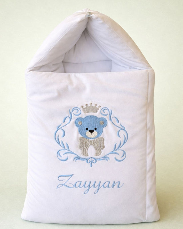 Royal Bear Nest, white velvet baby carry nest with name embroidery