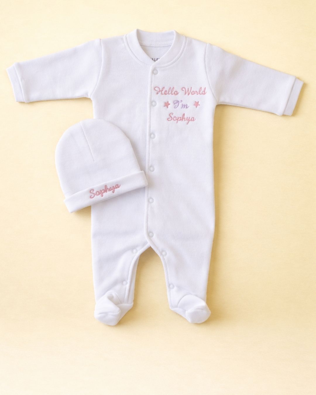 Hello World Name Bodysuit, blended fabric baby bodysuit with name embroidery
