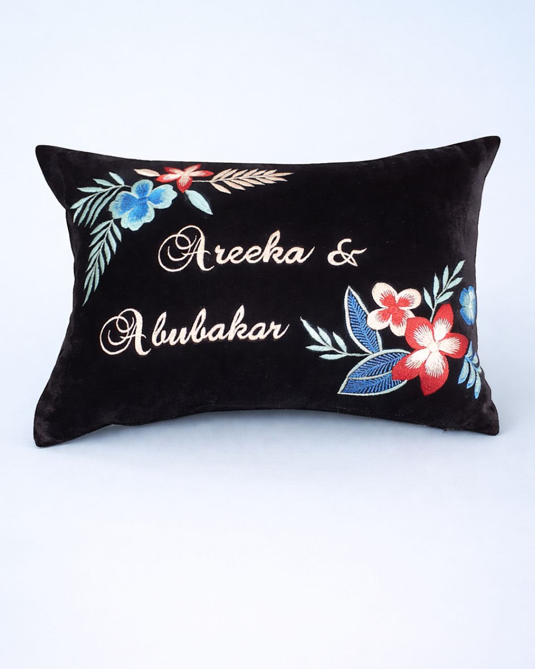Bridal Cushion, black velvet couple cushion with name embroidery