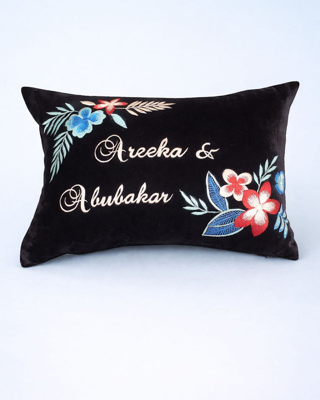 Bridal Cushion, black velvet couple cushion with name embroidery