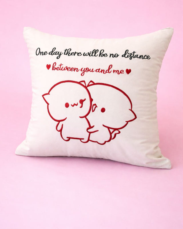 No Distance Cushion, white velvet couple cushion with name embroidery